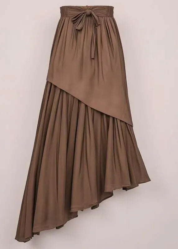Loose Coffee Lace Up Wrinkled Cotton Skirt Summer