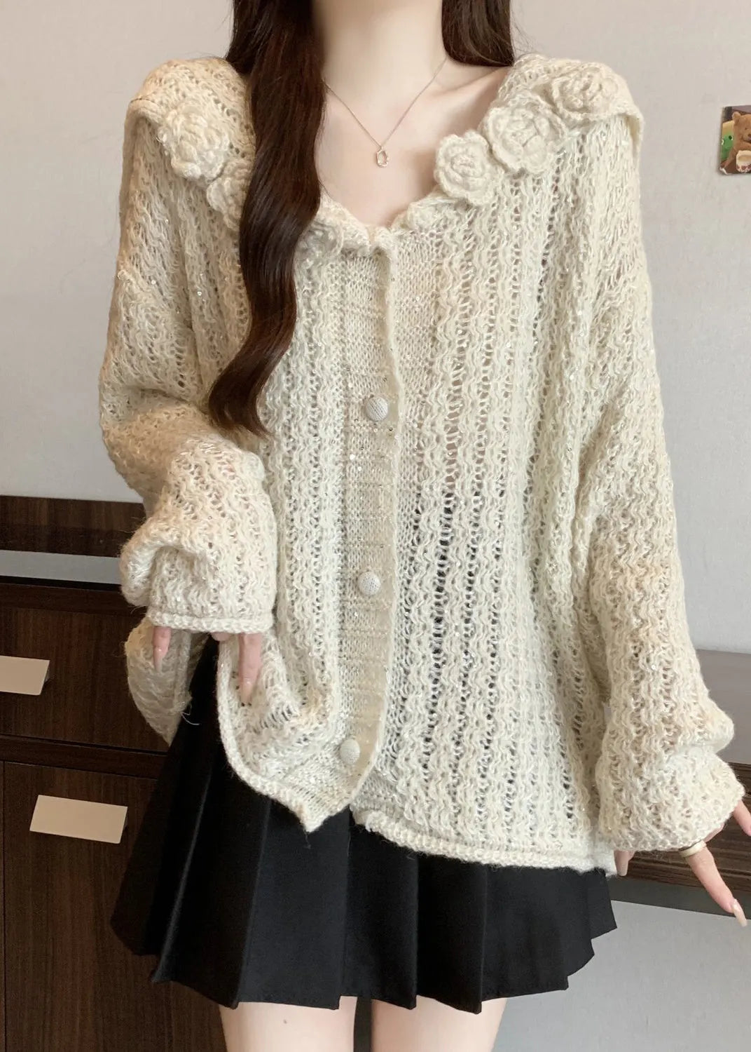 White Three-dimensional Knit Cardigan Oversized Fall