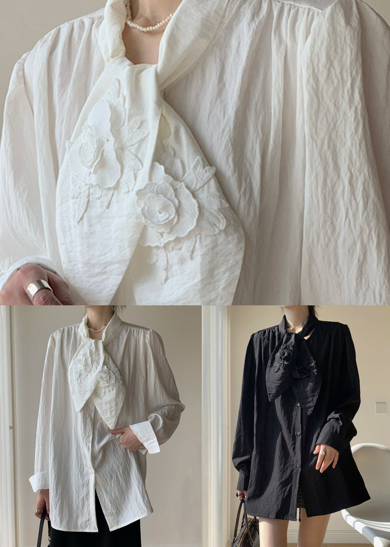 Black Button Loose Cotton Fall Shirt Bow