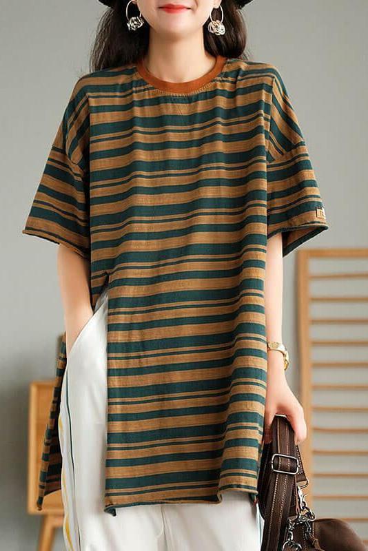 Cotton Stripes Split Hem O Neck T-shirt