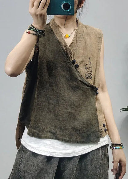 Khaki Chinese Button Patchwork Linen Vest Top Sleeveless
