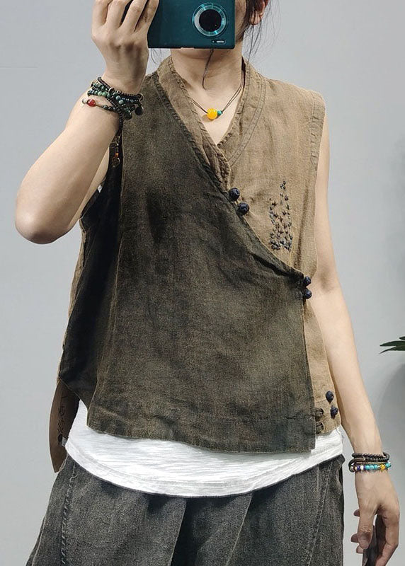 Khaki Chinese Button Patchwork Linen Vest Top Sleeveless