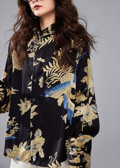 Black Stand Collar Button Print Silk Blouses Fall