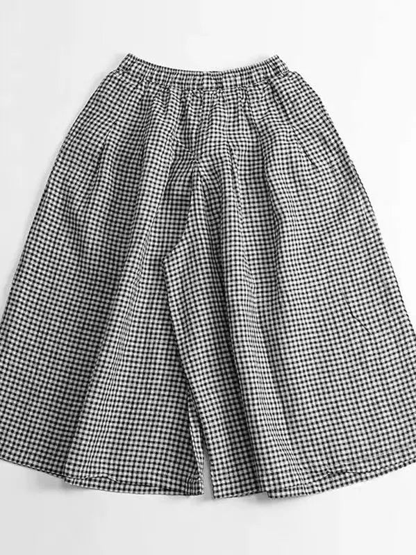 Retro Cotton Linen Plaid Wide Leg Pants