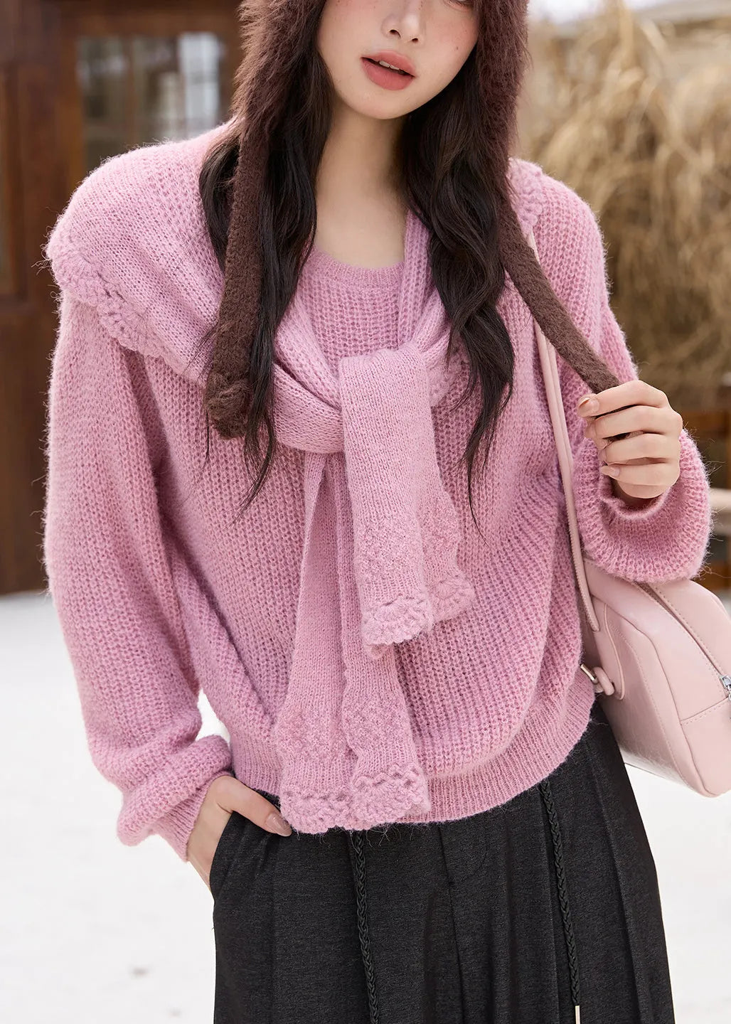 Pink Cozy Cotton Knit Sweaters and Shawl Two Piece Set Fall