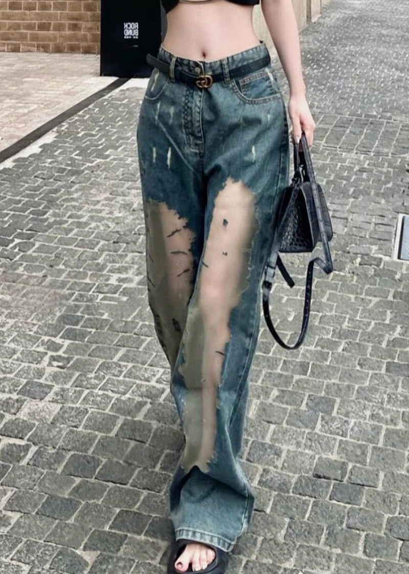 Blue Hollow Out Patchwork Tulle Denim Straight Pants Spring