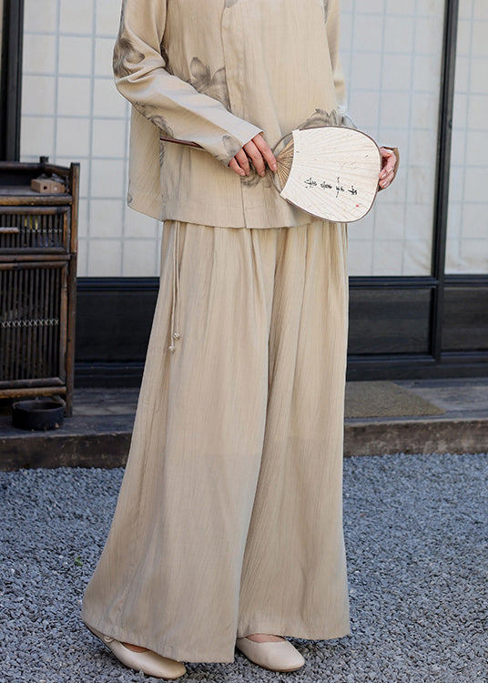 Simple White Elastic Waist Cotton Wide Leg Pants Summer