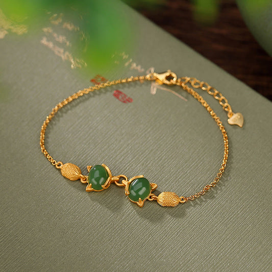 Buddha Stones 925 Sterling Silver Natural Hetian White Jade Cyan Jade Fox Luck Bracelet