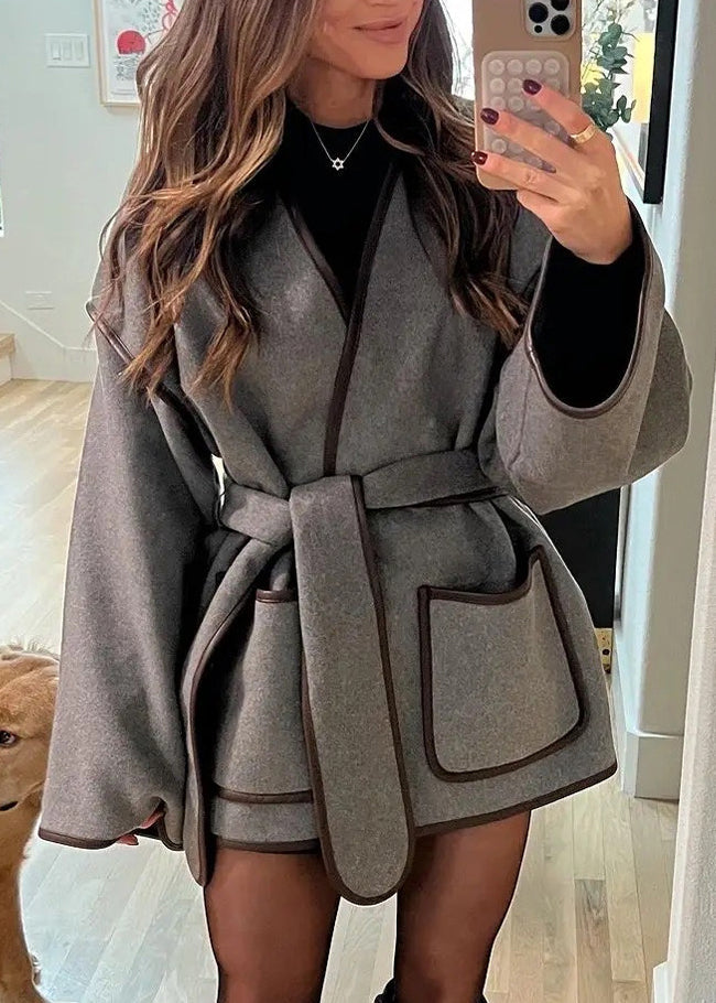 Grey Pockets Tie Waist Woolen Jacket Fall
