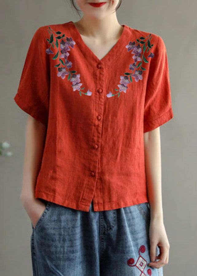 Loose Pink-flower V Neck Embroidered Summer Linen Shirt