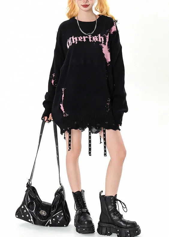 Diy Black Oversized Patchwork Ripped Sweater Winter