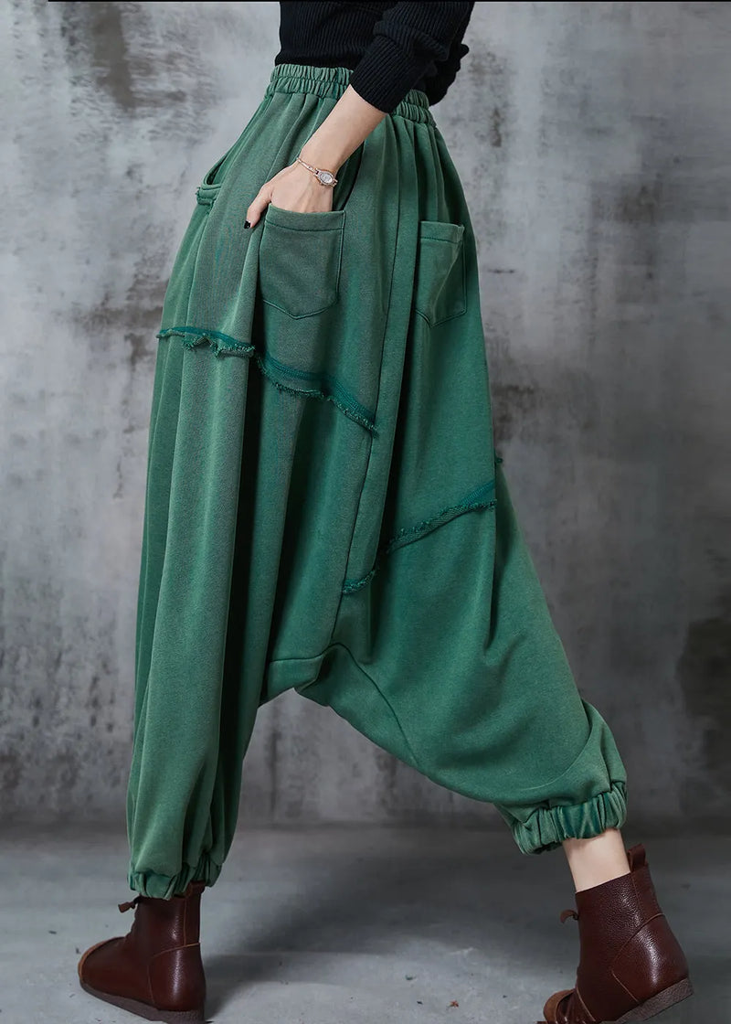 Green Oversized Asymmetrical Cotton Harem Pants Fall