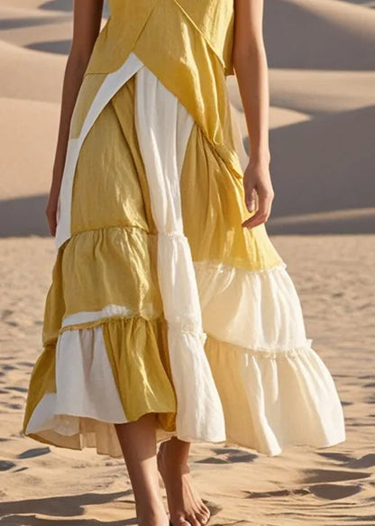 Yellow Asymmetrical Patchwork Cotton Spaghetti Strap Dress Summer