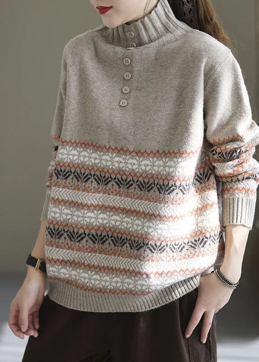 Light Grey Oversized Print Thick Knit Sweater Spring