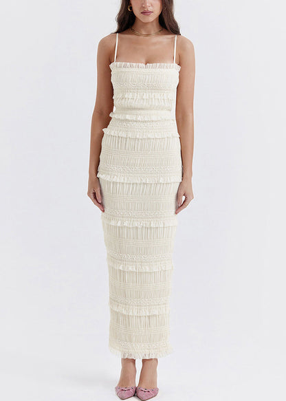 Fitted White Ruffled Patchwork Spaghetti Strap Dress Summer