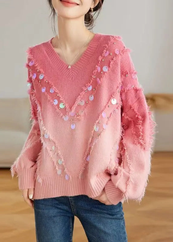 Red Gradient V Neck Tassel Sequins Knit Sweater Tops Spring