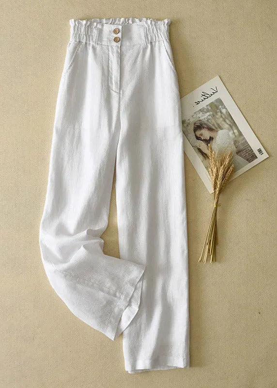 Grey-dot High Waist Button Linen Straigh Pants Summer