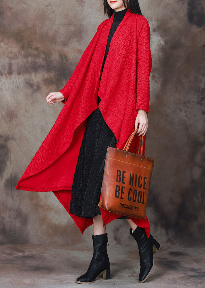 Red Patchwork Cotton Long Cardigan Asymmetrical Spring