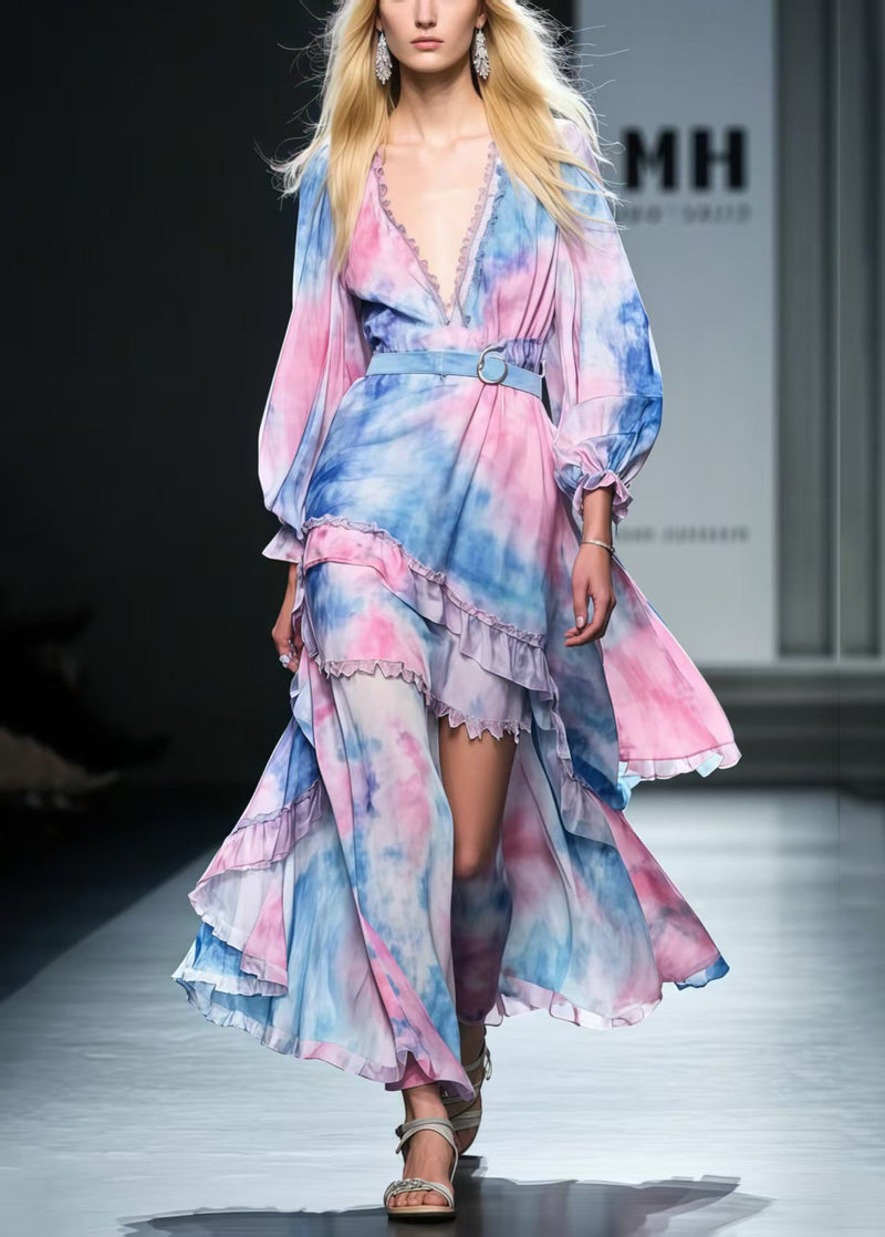 Rainbow Asymmetrical Tie Dye Chiffon Tunic Dress Spring