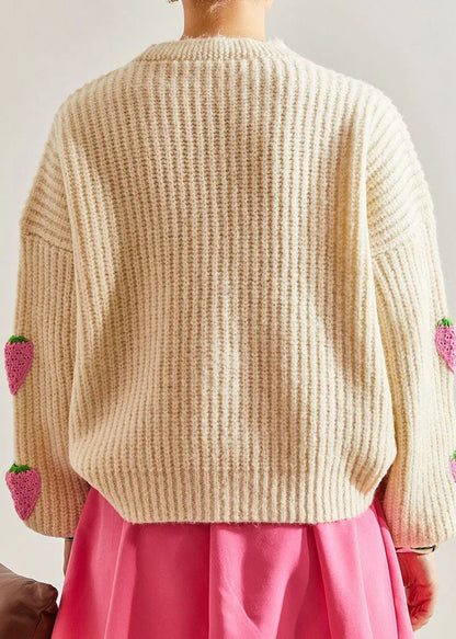 Beige V Neck Hook Flower Knit Cardigan Fall
