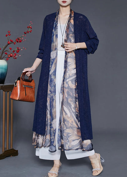 Navy Patchwork Silk Cardigan Fake Two Piece Summer