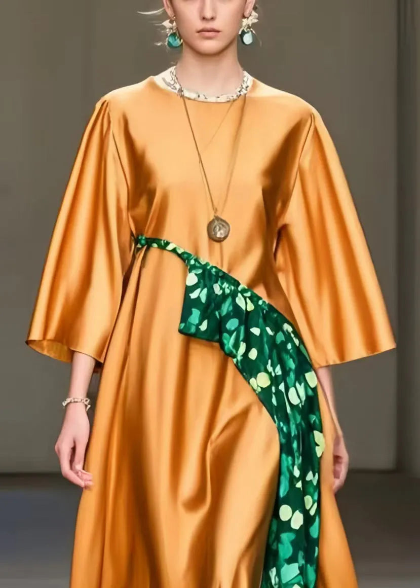 Orange Oversized Print Silk Maxi Dresses Spring