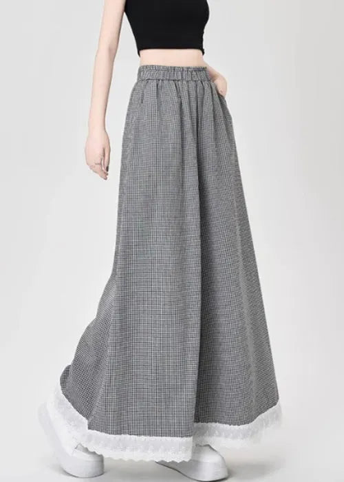 French Black Plaid Lace Patchwork Cotton Wide Leg Pants Summer