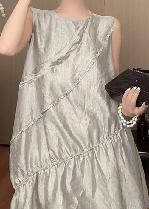 New Grey O Neck Cotton Mid Dress Sleeveless