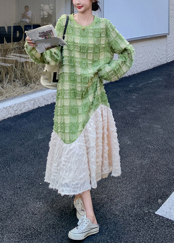 Stylish Green O-neck Plaid Patchwork Long Dress Spring