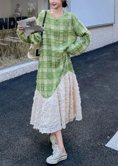 Stylish Green O-neck Plaid Patchwork Long Dress Spring