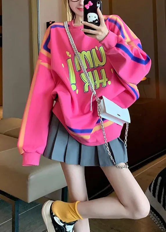 Pink O Neck Graphic Warm Fleece Loose Sweatshirts Top Spring