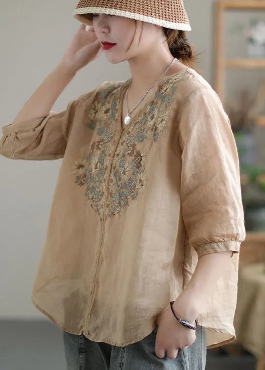 Khaki Embroidered Lace Patchwork Linen Shirt Top Half Sleeve