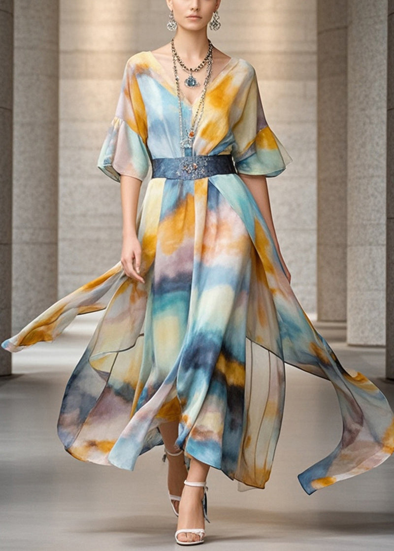 Khaki Cinched Tie Dye Chiffon Vacation Dresses Summer
