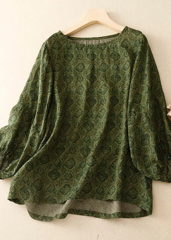 Handmade Coffee O-neck Print Top Lantern Sleeve