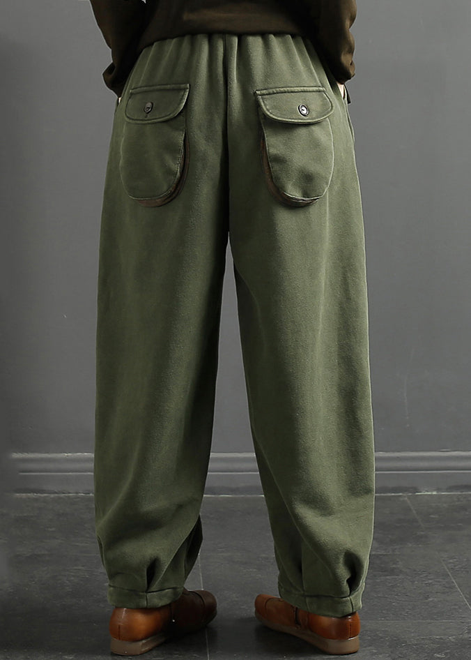 Coffee Pockets Elastic Waist Thick Warm Fleece Pants Winter