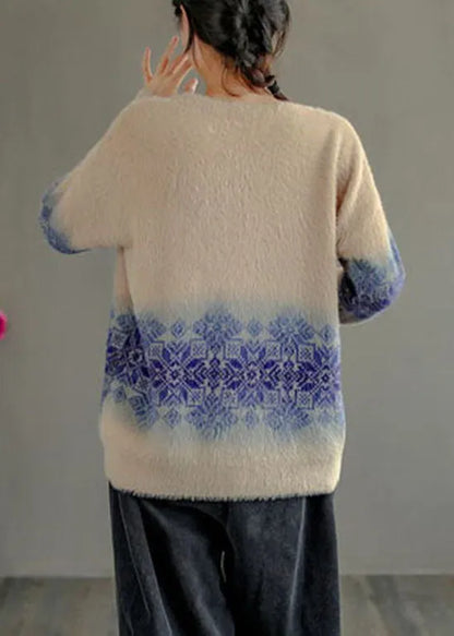 Milk Tea Color O-neck Print Thick Mink Hair Knitted Tops Long Sleeve
