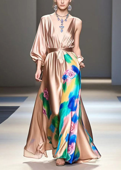 Brown Print Exra Large Hem Silk Long Dress Fall