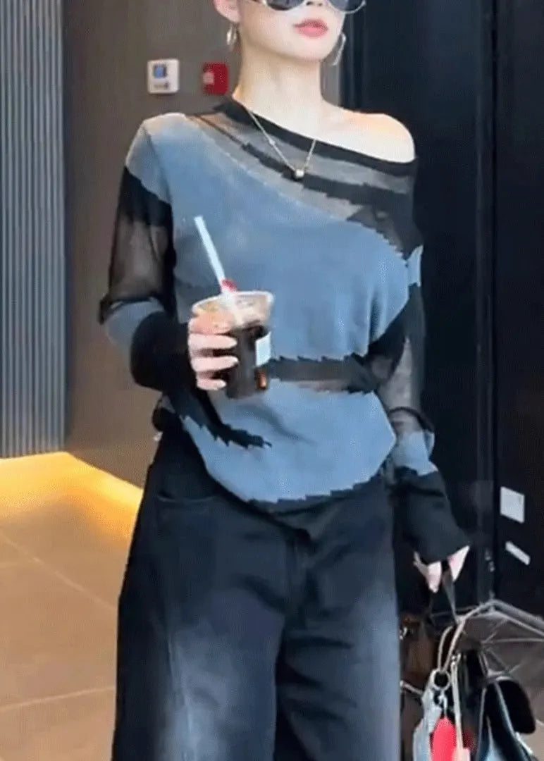 Slim Fit Grey Asymmetrical Patchwork Thin Knit Sweater Fall