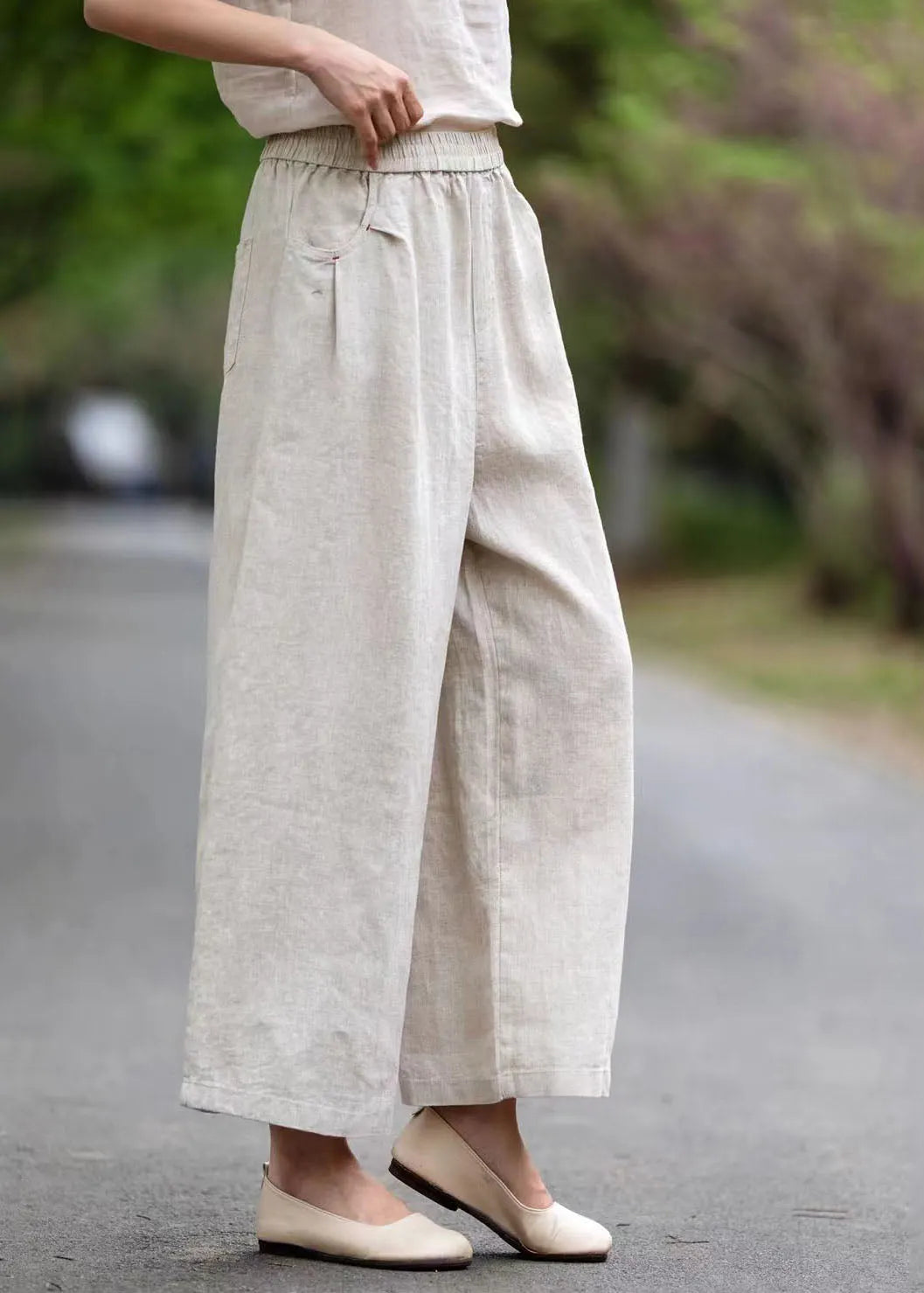 Style White Oversized Pockets Linen Wide Leg Pants Summer
