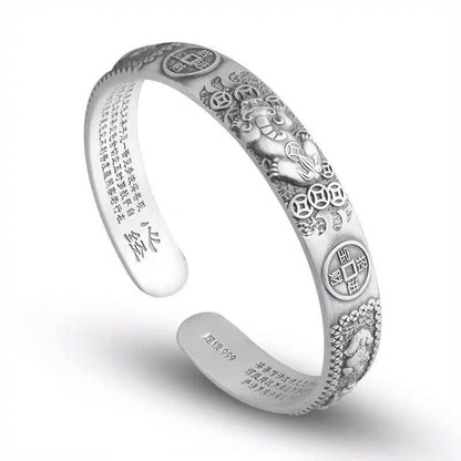 Buddha Stones Tibetan Pixiu Heart Sutra Coin White Copper Wealth Bracelet Adjustable Bangle