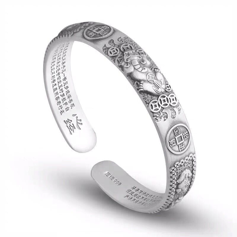 Buddha Stones Tibetan Pixiu Heart Sutra Coin White Copper Wealth Bracelet Adjustable Bangle