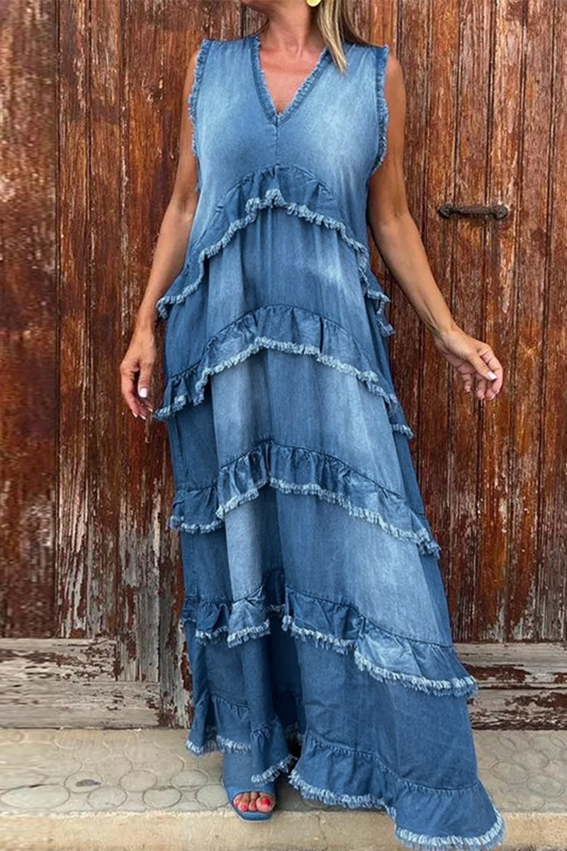 Color Distressed Ruffle V Neck Sleeveless Loose Denim Dresses(4 Colors)