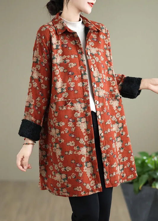 Orange Peter Pan Collar Print Warm Fleece Shirts Coat Spring