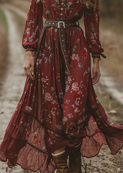 Mulberry V Neck Print Chiffon Long Dress Fall