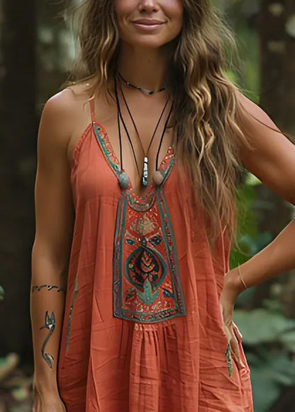 Simple Orange V Neck Print Cotton Spaghetti Strap Dress Summer