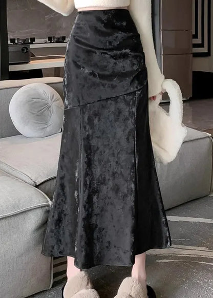 Khaki High Waist Patchwork Silk Velvet Fishtail Skirt Fall