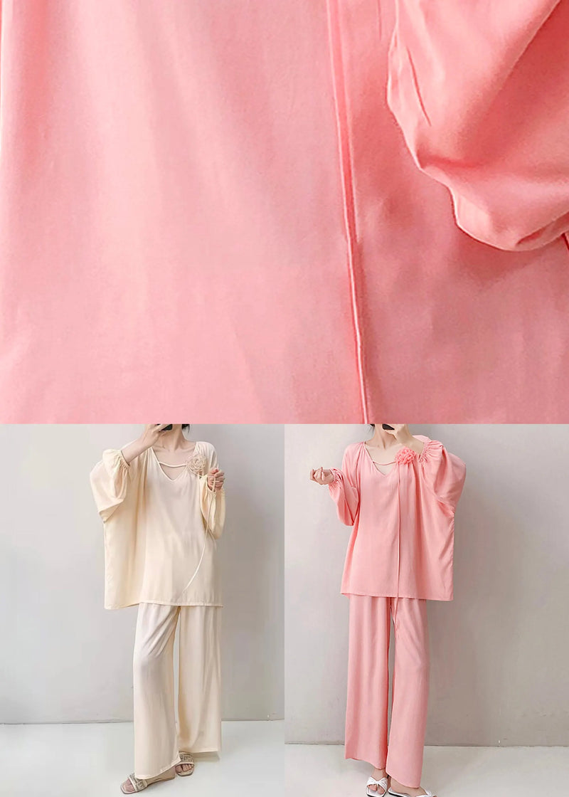 Loose Pink V Neck Cotton Pajamas Two Piece Set Fall