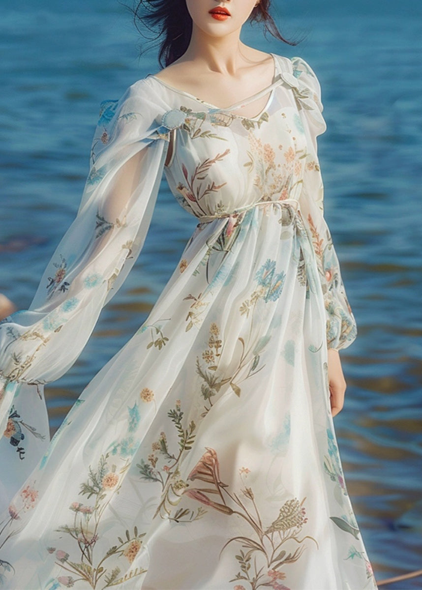Light Blue V Neck Print Chiffon Long Dress Long Sleeve