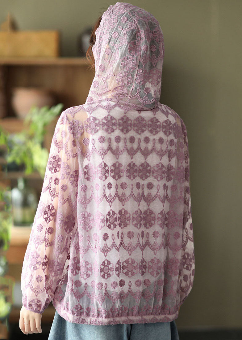 Purple Hollow Out Lace Upf 50+ Coat Cardigan Embroidered Long Sleeve