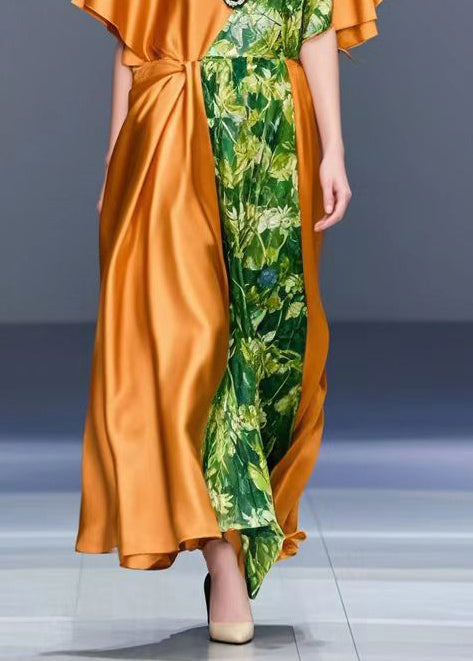 Orange Asymmetrical Patchwork Print Silk Dress Summer